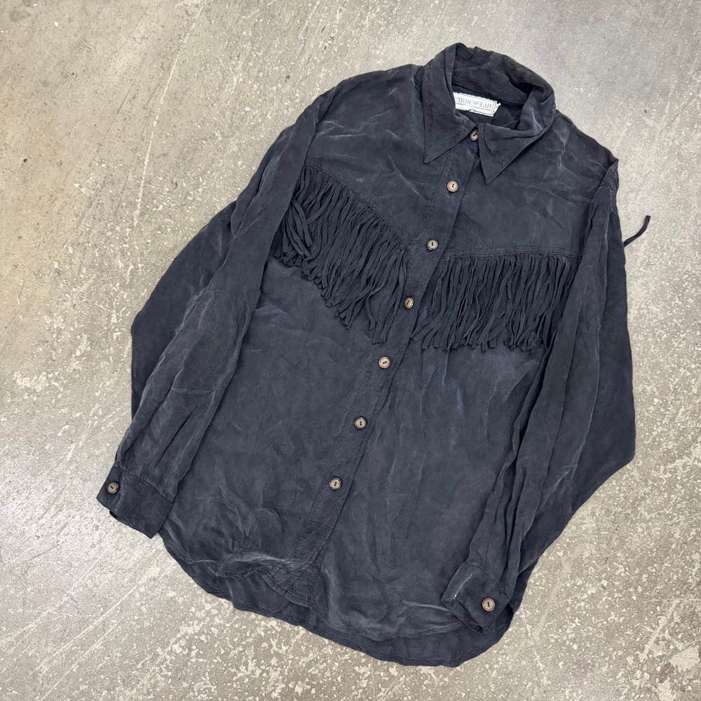 Action Wear Fringe Shirt Womens L Black Excellent 90s Western Silk Feel Top